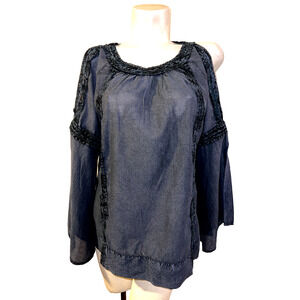 New Du Jour Top Size M Blue Cold Shoulder Belled Slv BOHO Tunic‎ Shirt Hippie